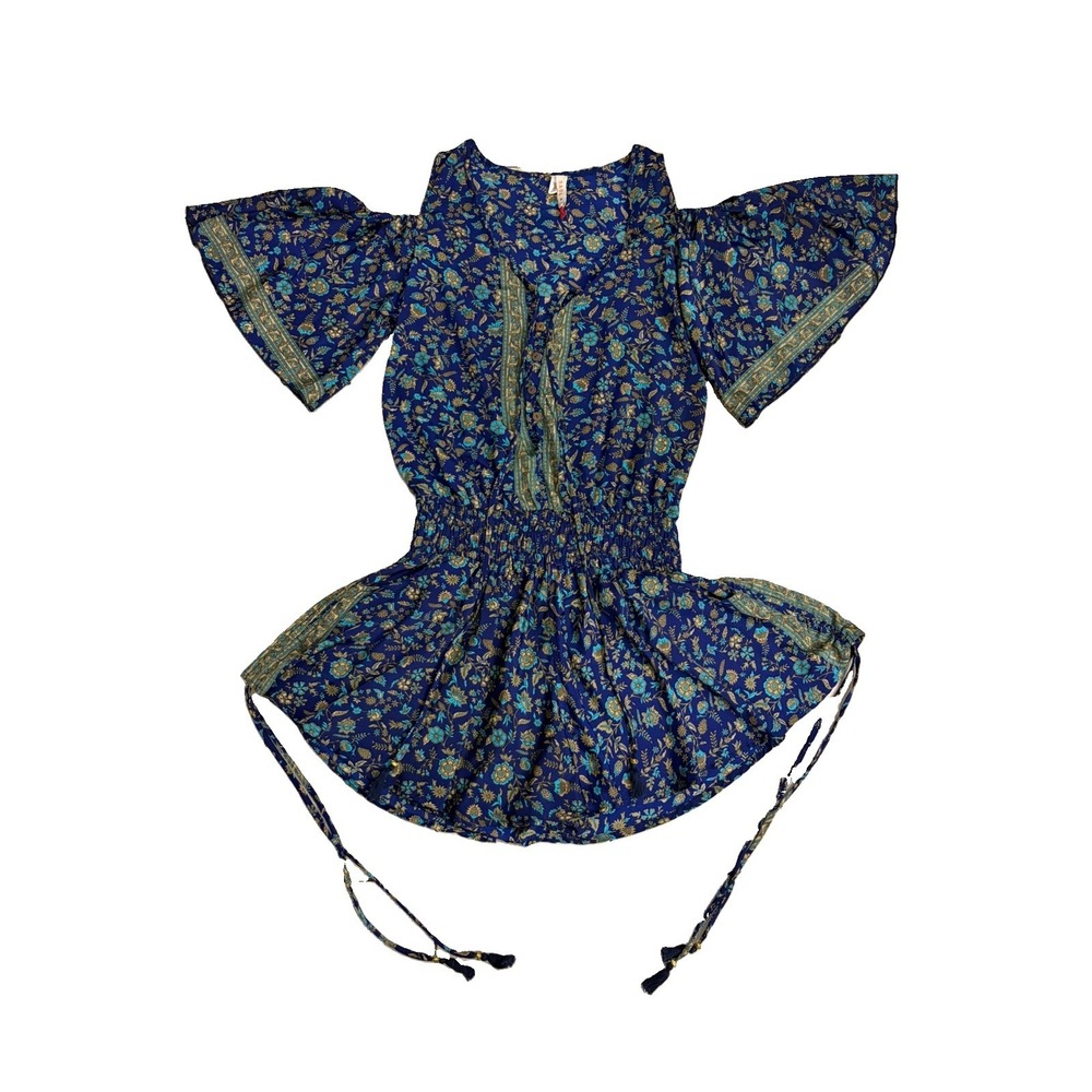 Raga Blue Floral Boho Romper Size M Cold Shoulder Bell Sleeve Festival